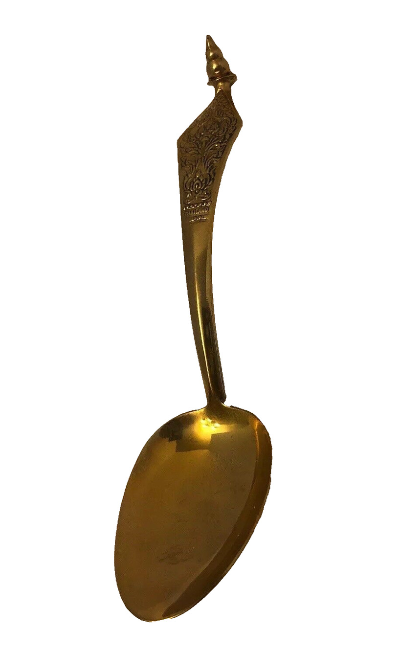 Floral Handle Serving Spoon Engraved "Thailand" Goldtone 10"